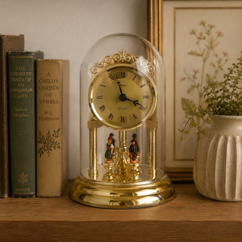 Perfecta Anniversary Clock Gold Tone Cloche Quartz Rotating Figurines Vintage
